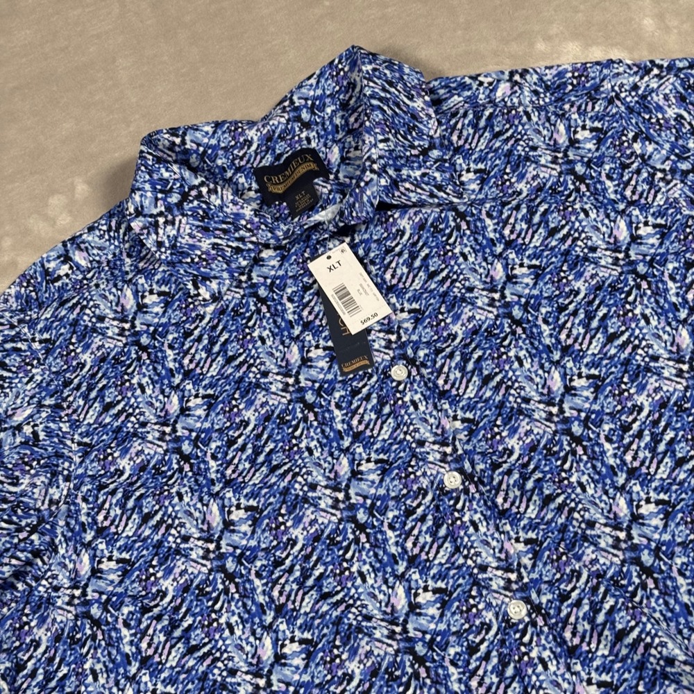 Cremieux Button Down Shirt Mens XLT Blue Abstract Print Short Sleeve Stretch